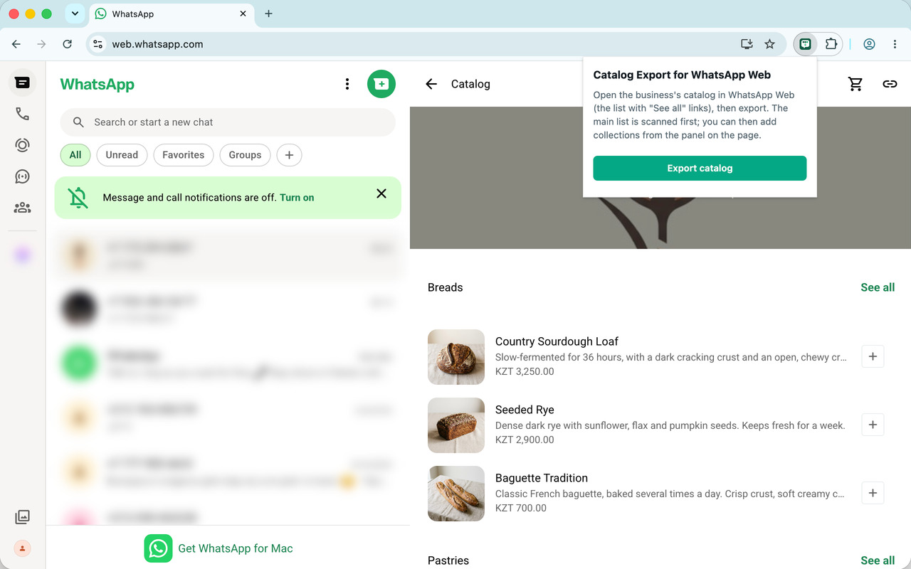 WhatsApp Web with a catalog open and the extension's popup showing the Export catalog button