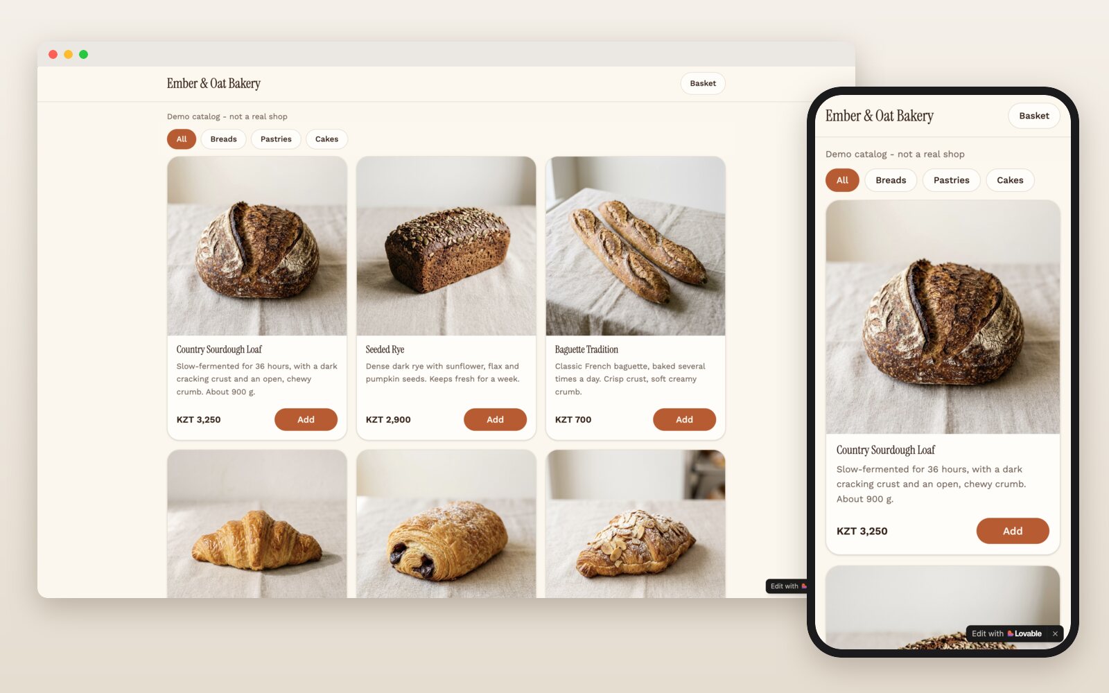 A bakery ordering website built from a WhatsApp catalog, on a phone and a computer