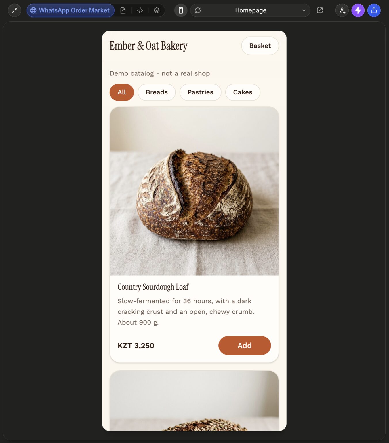 The finished bakery ordering website in Lovable's phone-size preview