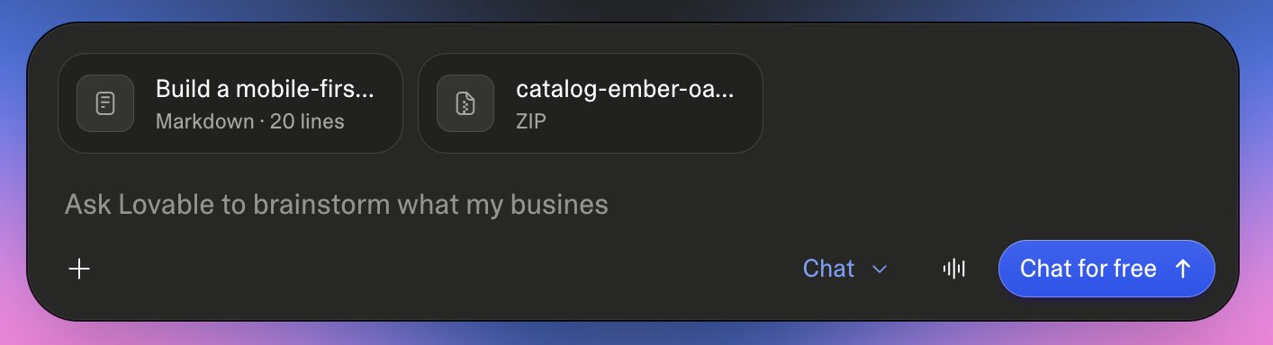 Lovable's prompt box with the catalog ZIP attached and the prompt pasted