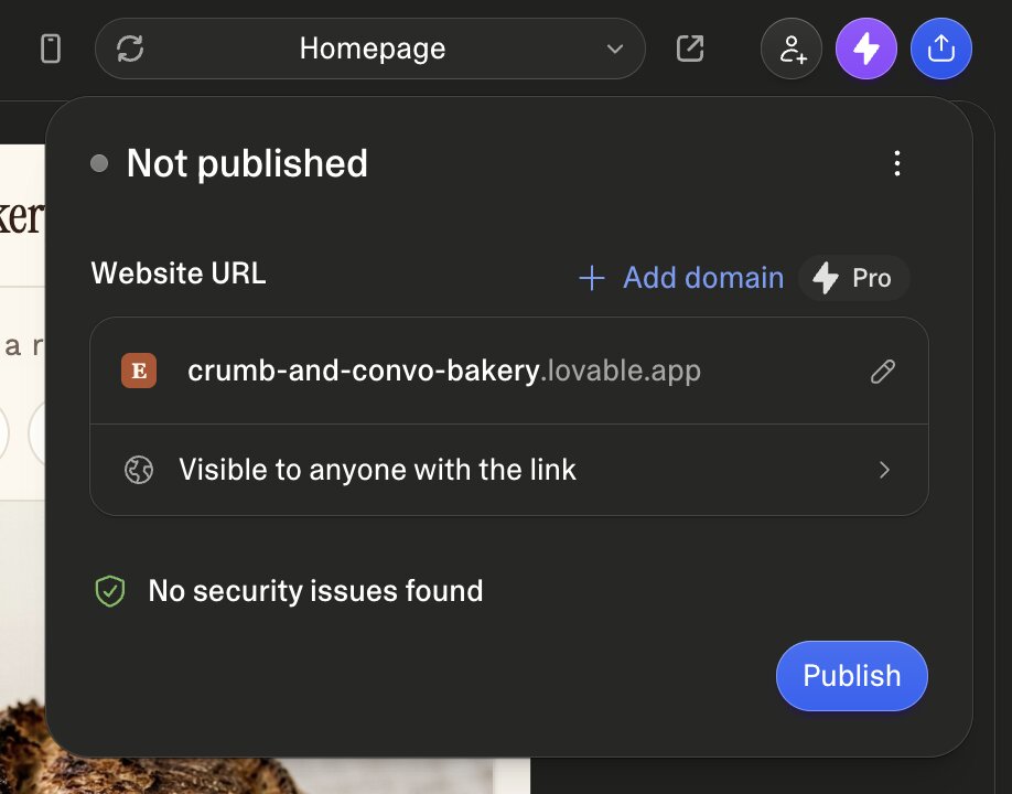 Lovable's publish panel with the site's .lovable.app address and the Publish button