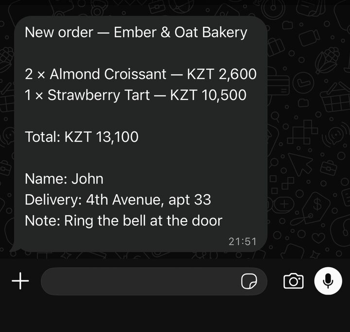 The same order message received in the business's WhatsApp