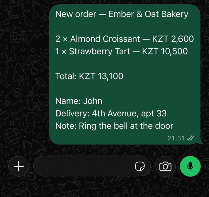 The order message sent from the customer's WhatsApp